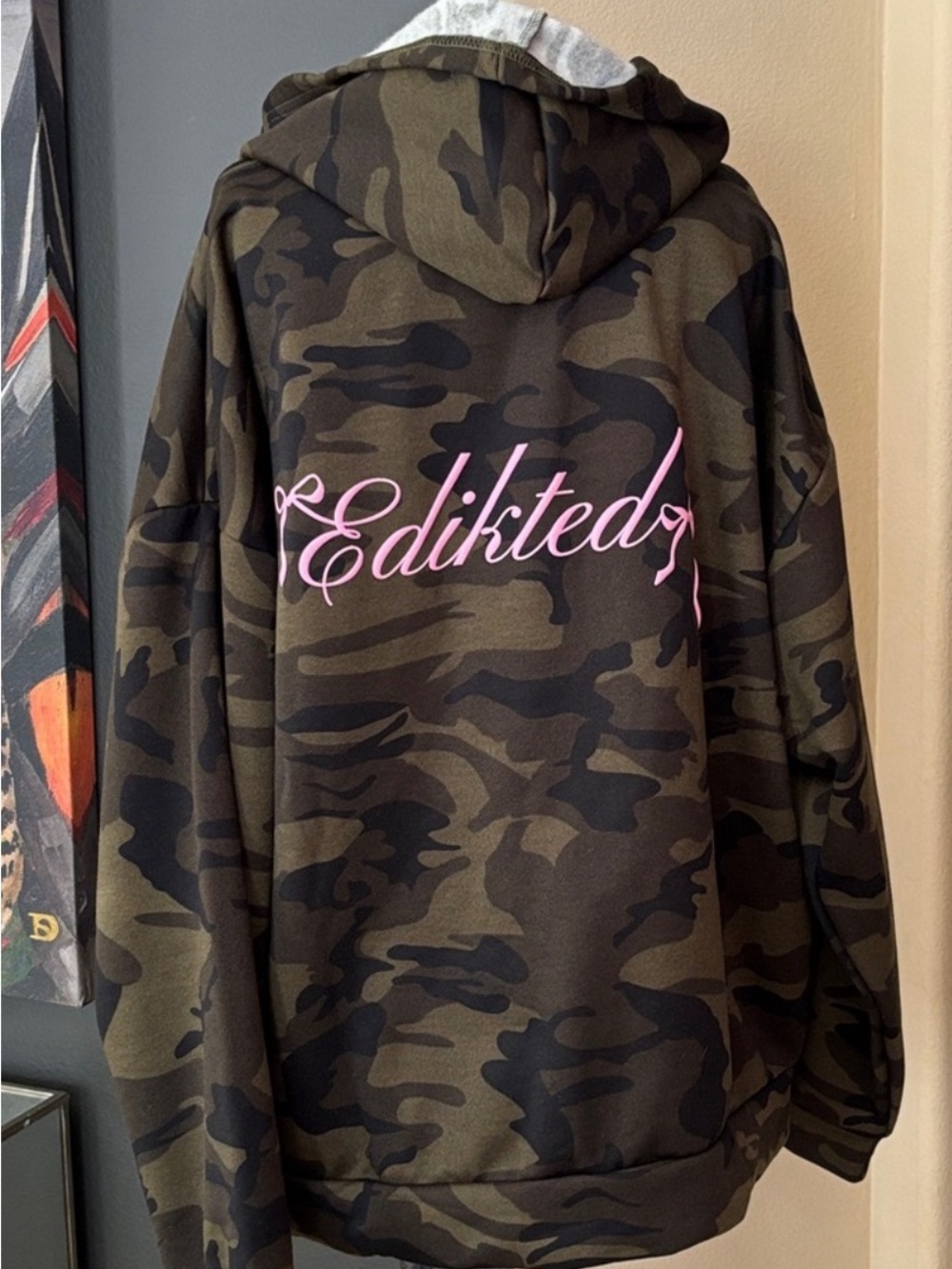 Edikted Olive Green Camouflage Hoodie with Pink Script